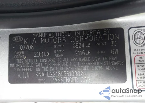 2009 Kia Spectra Lx z USA, uszkodzony, nr VIN KNAFE221895610982